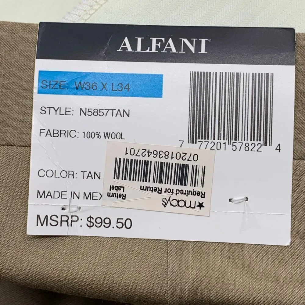 NWT Alfani Mens Flat Front Straight Leg Tan Wool Dress Pants Trousers Size 36x34